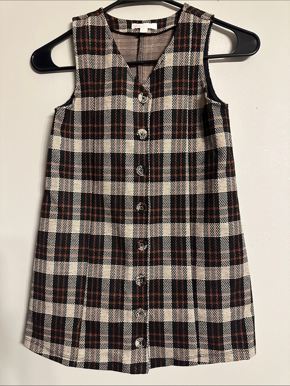 GB girls Black, Cream & Brown Plaid Button-Front Dress